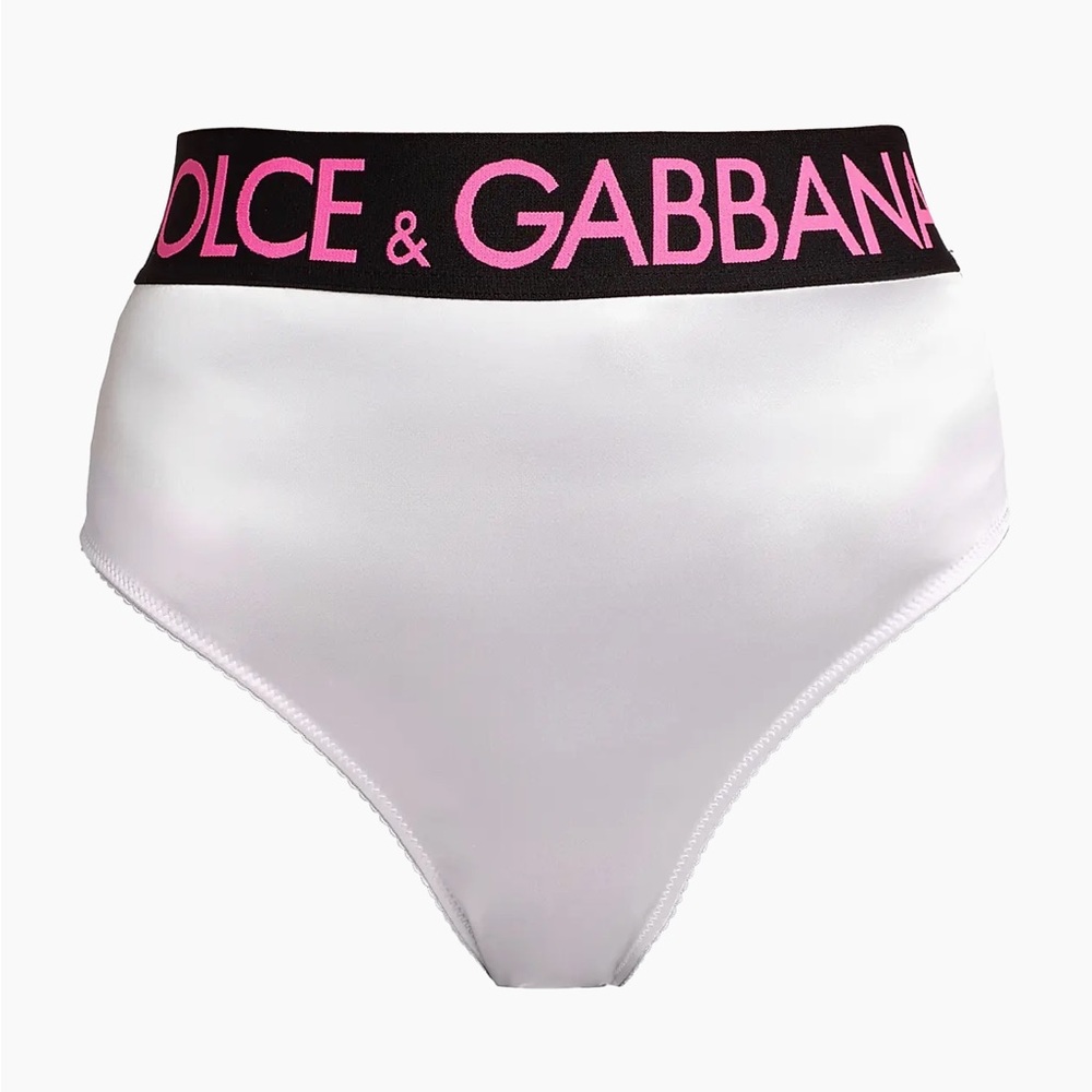 Dolce & Gabbana White Bikini Bottom with Black and Pink Waistband